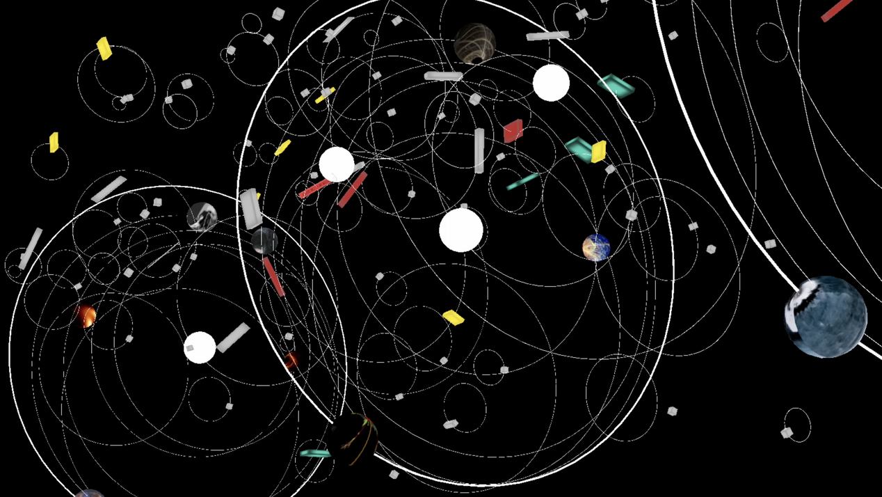 Das Bild zeigt die Umrisse des Universums, die eine Struktur von mehrfachen Planetensystemen ahnen. Diese scheinen miteinander verbunden zu sein, indem sich die Wege der Objekte jeweiligen Systems überschneiden. Das Bild ist ein Teil von der Ausstellung ARE YOU FOR REAL Phase 2, welche im digitalen Raum auf der Plattform areyouforreal.ifa.de stattfindet.