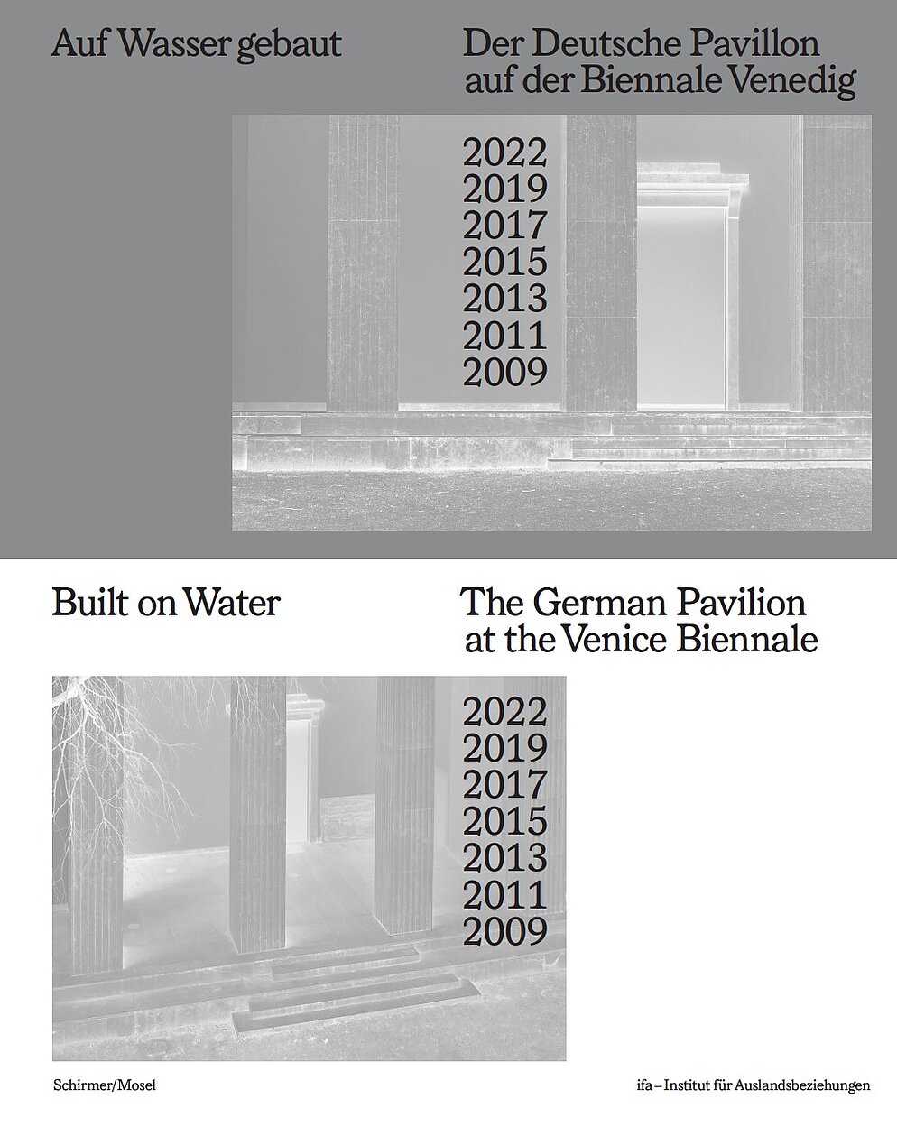 A book cover with the title "Built on Water. The German Pavilion at the Venice Biennale. 2022, 2019, 2017, 2015, 2013, 2011, 2009" is displayed. In the left lower corner it reads the name of the publisher Schirmer and Mosel, in the right corner the name of the editor ifa – Institut für Auslandsbeziehungen. On the upper half the German title of the book says "Auf Wasser gebaut. Der Deutsche Pavilion auf der Biennale Venedig. 2022, 2019, 2017, 2015, 2013, 2011, 2009. © ifa