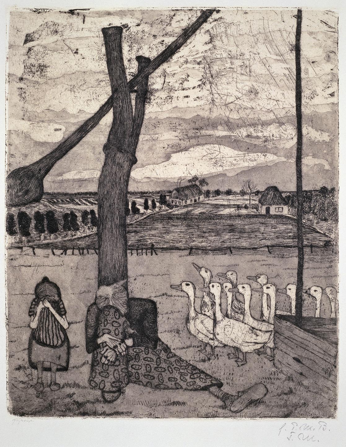 The picture shows a tree under which two women can be seen. The women sit under the tree and keep their heads pressed against their knees so that their faces cannot be seen. On the right part of the picture a flock of geese is coming towards them. The geese represent the only white element in the picture, while the rest of the picture is drawn in grayish and black tones. The picture is part of the touring exhibition "Paula Modersohn-Becker and the Worpsweder. Drawings and Prints. 1895–1906”, which takes place in Bucharest from 27 October 2023 to 14 January 2024.