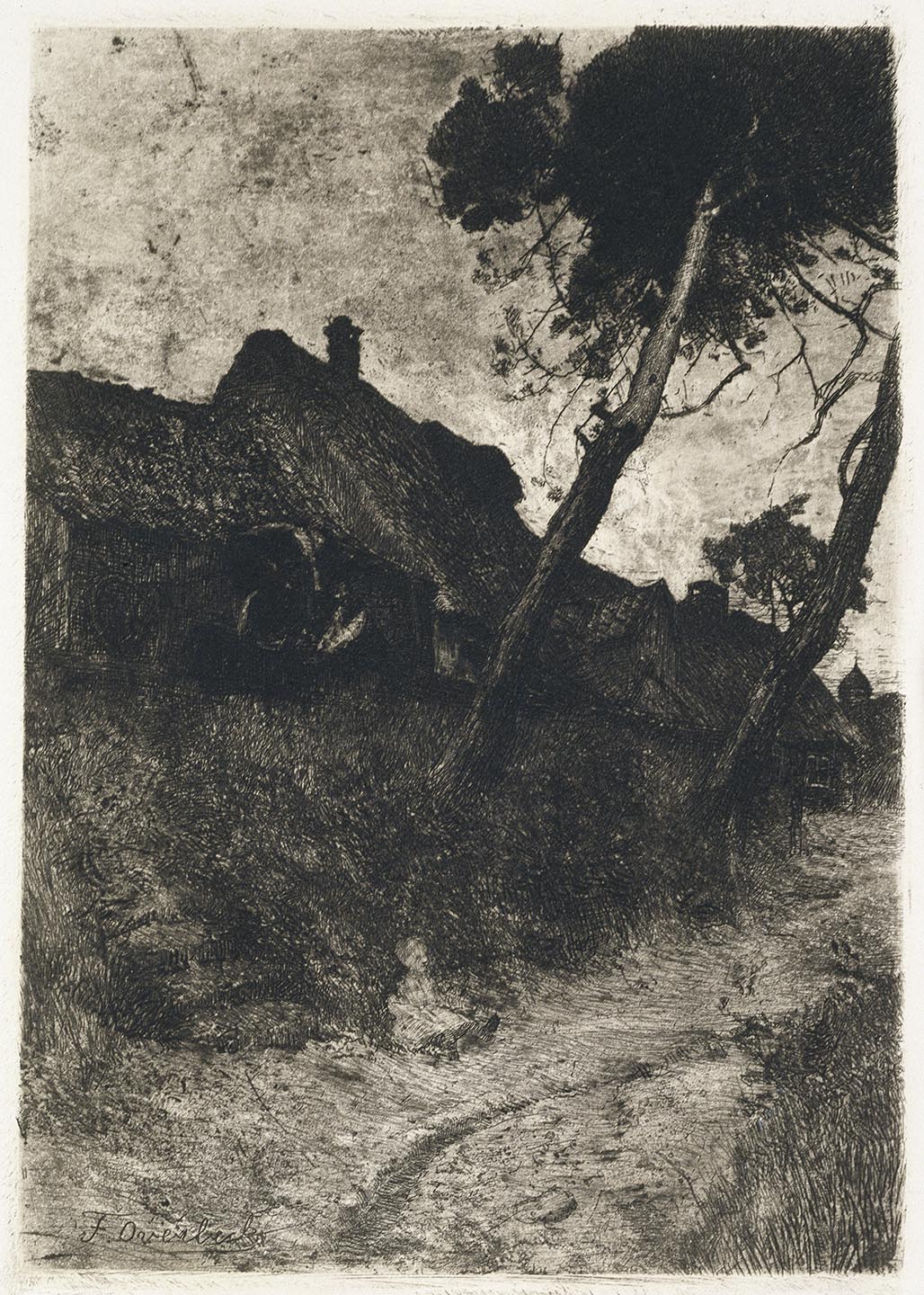 The picture shows a path surrounded by large trees and houses on the left leading to the village. A child sitting on the path under the trees is seen in the left part of the picture. The picture is part of the touring exhibition "Paula Modersohn-Becker and the Worpsweder. Drawings and Prints. 1895–1906”, which takes place in Bucharest from 27 October 2023 to 14 January 2024.