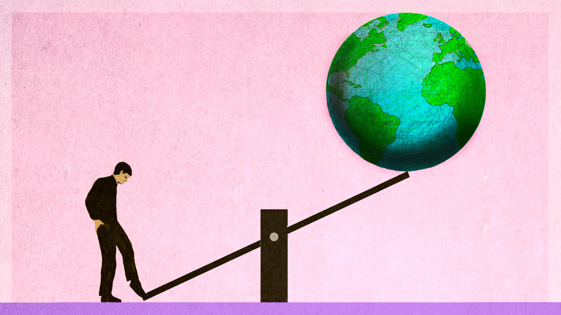 A man steps onto a seesaw. The other end of the seesaw hangs in the air and on it is a globe. Against a pink background.