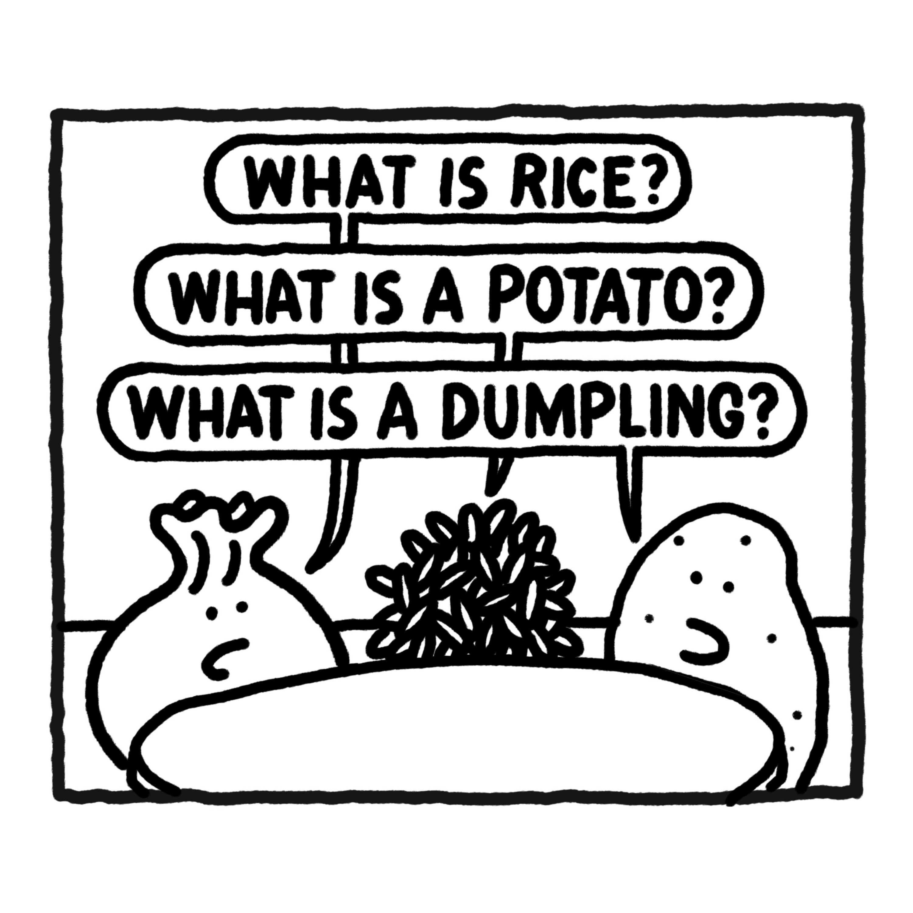 Illustration zum Event Spacedumpling, auf dem Teigtaschen, Reis und Kartoffeln zu sehen sind, die miteinander sprechen.
