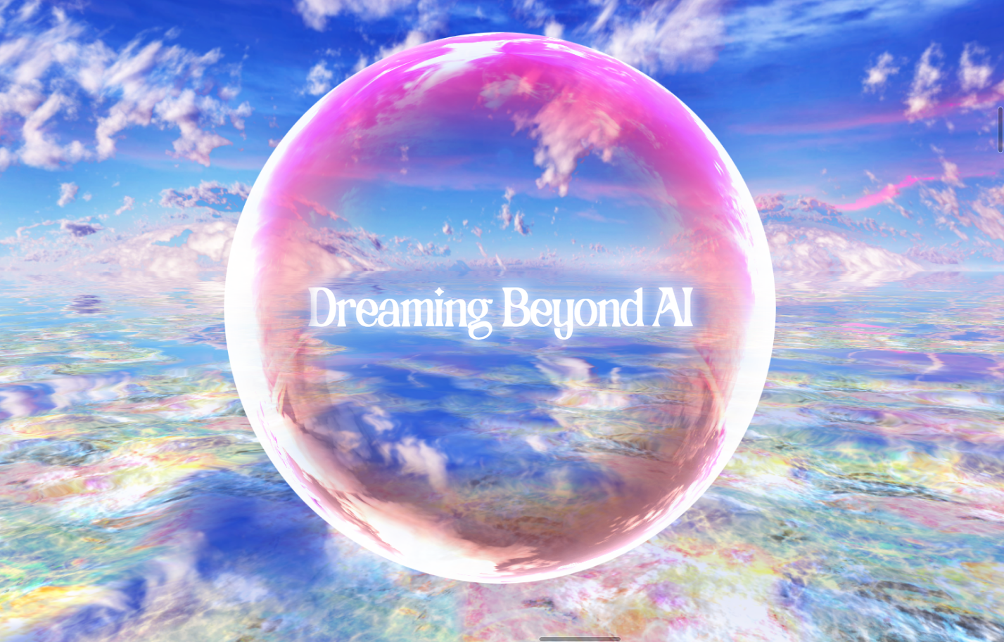 Man sieht einen Banner für die ifa Tourneeausstellung Dreaming Beyond AI. Es ist eine pinke Seifenblase mit dem Text Dreaming Beyond AI zu sehen. Der Hintergrund ist hellblauer Himmel.
