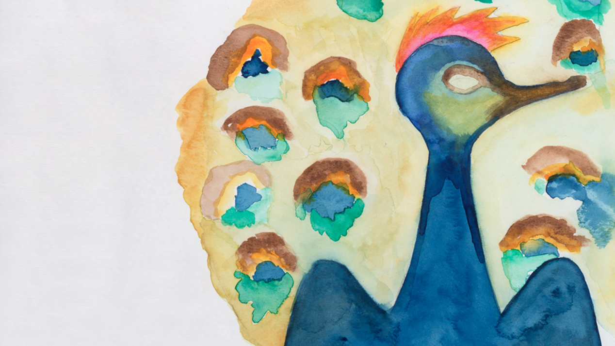 Ein Aquarell eines Pfaus ist zu sehen, davor steht in Print geschrieben "Katia Kameli" und "Das Hohelied der Vögel, The Canticle of the Birds". Die Ausstellung startet im September 2023 in der ifa-Galerie Stuttgart.