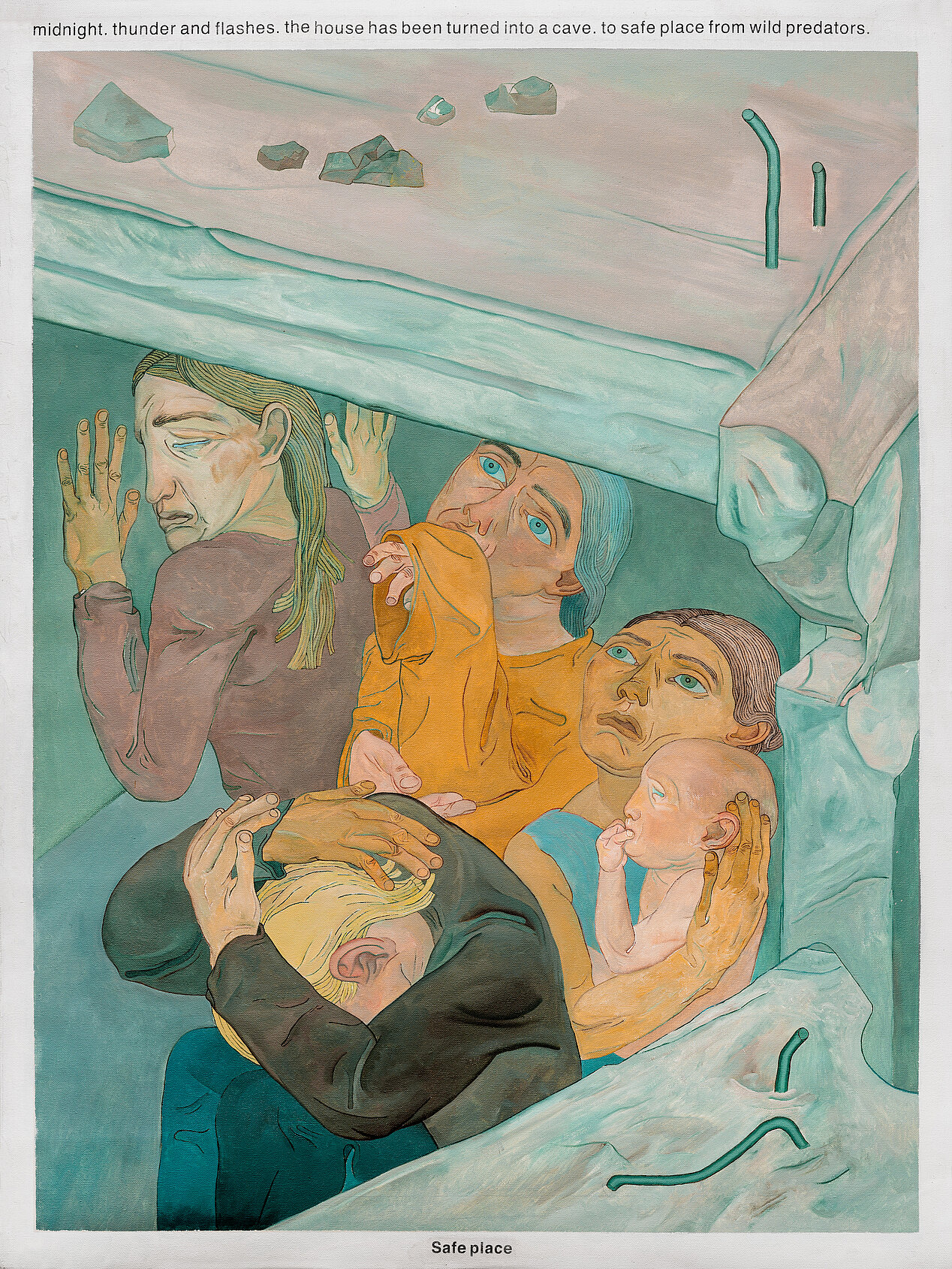 Das Bild zeigt fünf Menschen, die sich unter einer Fläche verstecken. Einer davon ist ein Baby. Die Menschen sehen erschrocken aus und scheinen sich von der Luftbombardierung schützen zu wollen. Das Bild gehört zur Führung im Kunstmuseum Stuttgart, gefolgt von der Podiumsdiskussion im ifa am 06. Juli 2023. 