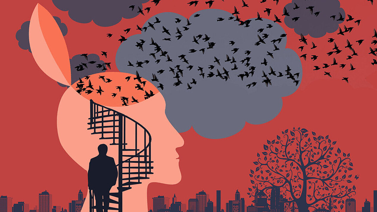 Metapher für Aufklärung. Ein Vogelschwarm fliegt aus einem Kopf. Ein Mann steigt über eine Wendeltreppe zu dem geöffneten Kopf hinauf. Im Hintergrund Wolken, eine Skyline und ein Baum.