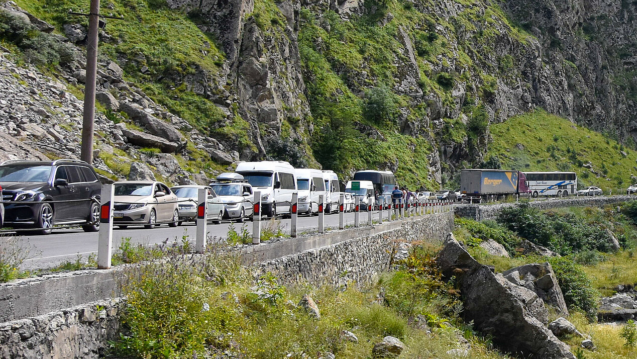 In September and October 2022, thousands of trucks and cars waited daily in kilometre-long queues at the Russian-Georgian border. Photograph: Oleg Morgun