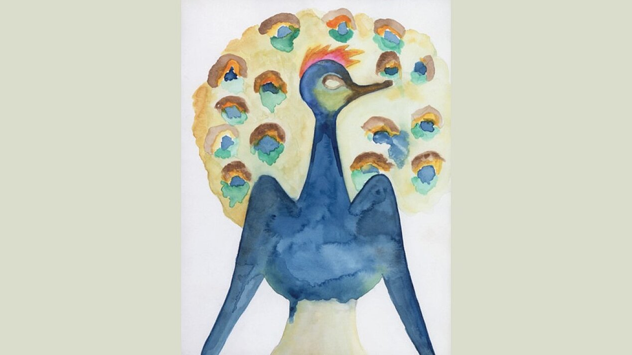Ein Aquarell eines Pfaus ist zu sehen. Es ist das Titelbild zur Eröffnung der Ausstellung Das Hohelied der Vögel von Katia Kameli am 12.05.2023 in der ifa-Galerie Berlin. © VG Bild-Kunst, Bonn 2023