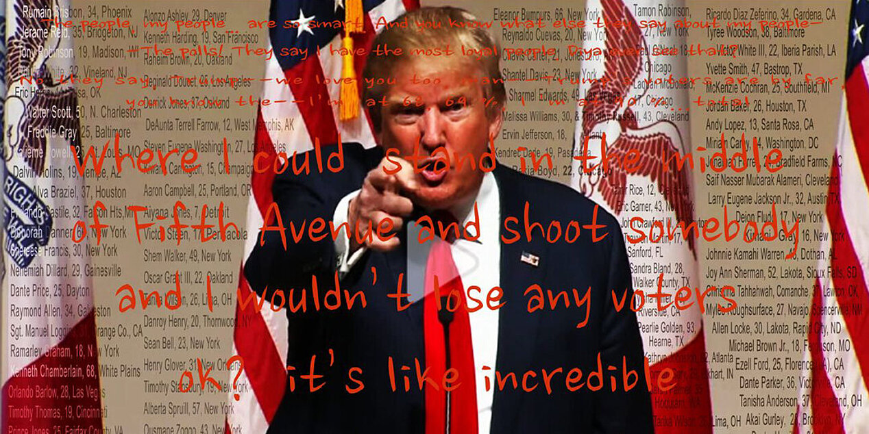 In her photomontage 'Point n’ Shoot', the New York conceptual artist shows Donald Trump with his infamous sentence: "Where I could stand in the middle of Fifth Avenue and shoot somebody and I wouldn’t lose any voters ok? It’s like incredible". The image of the President is underlaid with the dates and names of over 100 murdered people of color, who themselves were unarmed when they were shot by police.