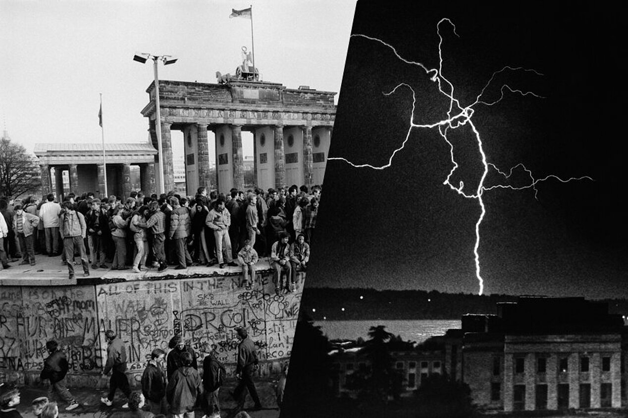 Links: Barbara Klemm, Fall der Mauer, Berlin 10.11.1989, Rechts: Erich Salomon, Blitz über dem Völkerbundpalast, Genf 1936
