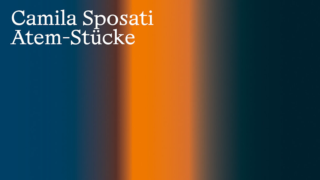 An illustration with vertical stripes in blue, orange and black can be seen. In the upper left corner is written in white: "Camila Sposati. Breath Pieces". This is an exhibition at the ifa Gallery Stuttgart, which can be visited from 13 May to 20 August 2023. © Sascha Fronczek