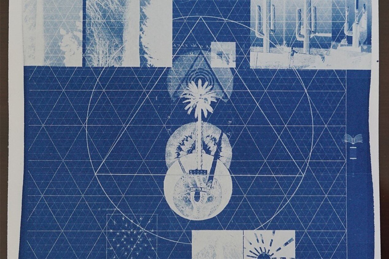A blue and white collage with circles, triangles, palm trees.
