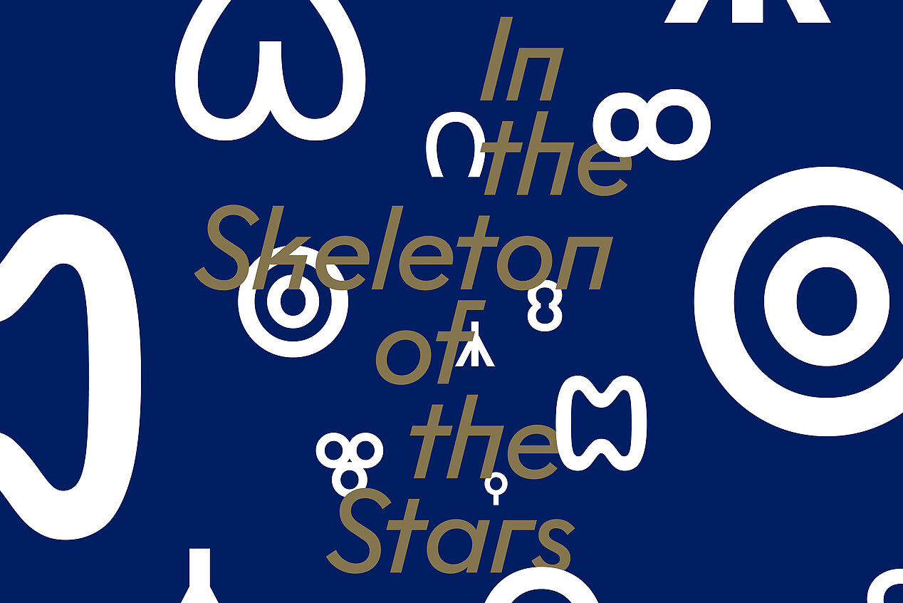 The words In the Skeleton of the Stars can be seen in brown against a dark blue background. In some places you can see white signs, e.g. circles, horseshoe shape. This is the poster of the exhibition In the Skeleton of the Stars at the ifa Gallery in Stuttgart, which can be visited there from 17 February to 23 April. © de Valence