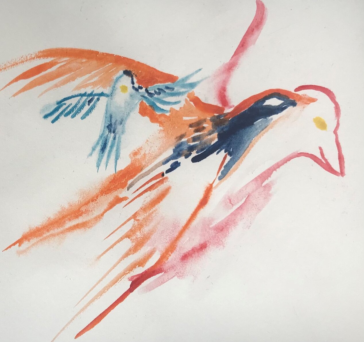The painting shows a large bird carrying other birds on its back and under its wings. Thus, the smaller birds are part of the big bird. The painting is characterized by light tones of red and orange, while the smaller birds colored in shades of blue make contrast to the larger bird. All birds are looking up with their body aimed at flying. The picture is part of the children's art workshop "The Parade of Birds", which will be shown as part of the exhibition "The Canticle of the Birds" from May 13 to July 30 at the ifa Gallery in Berlin.