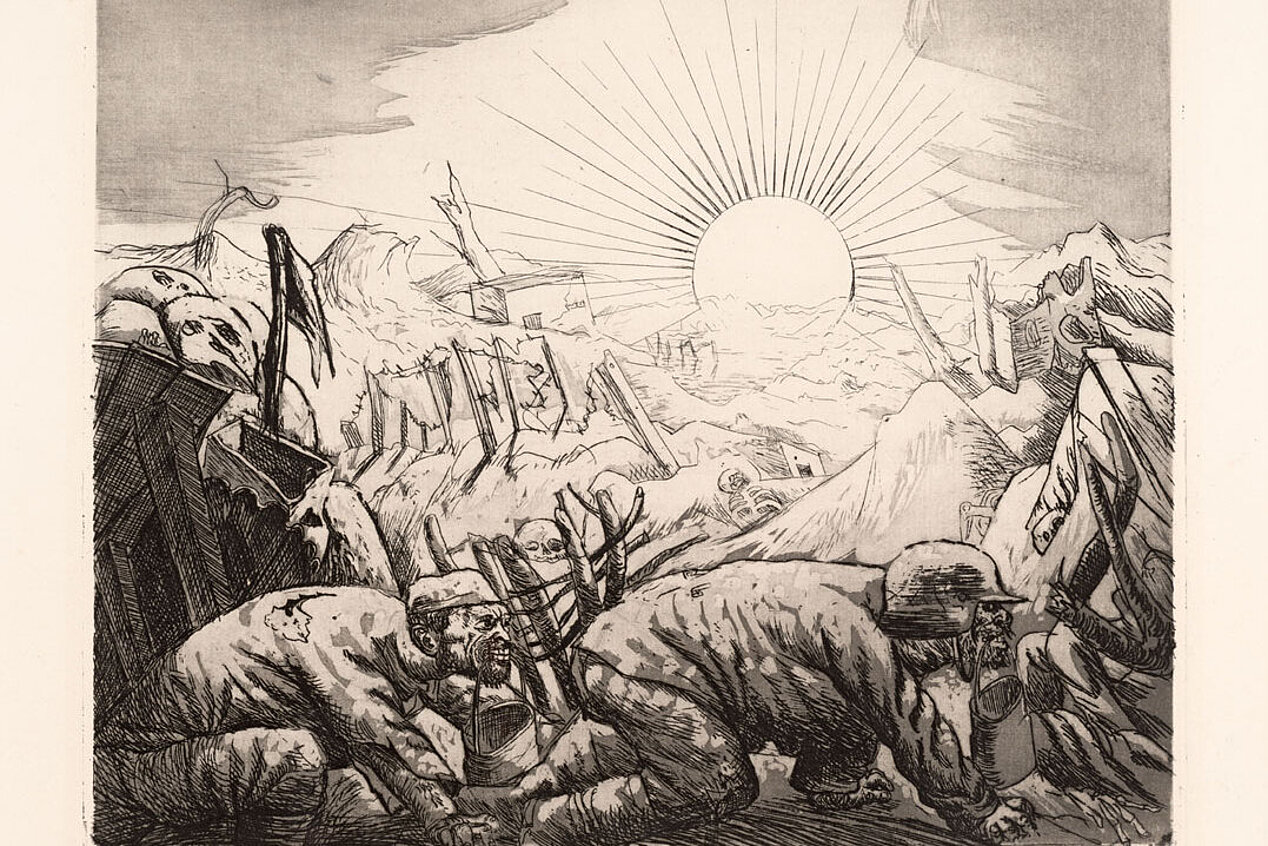 Drawing by Otto Dix from 1924 showing two soldiers crawling on a battlefield. They fetch food in the light of the sun. In the background a human skeleton and the scenery of a destroyed landscape