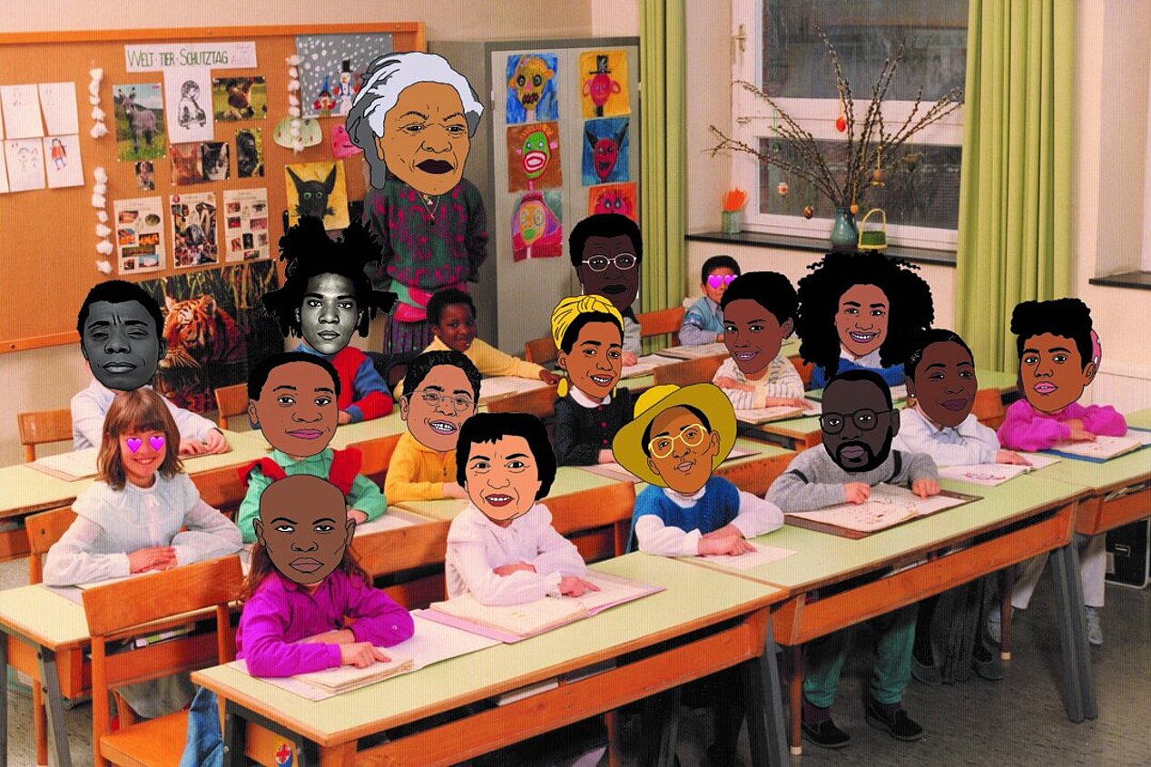 Collage: Klassenfoto mit verschiedenen illustrierten Köpfen über den Gesichtern der Kinder