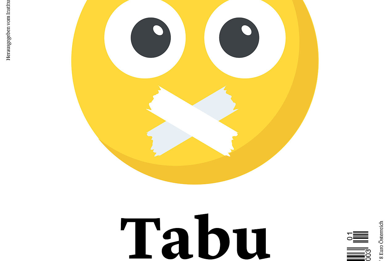 Cover der Kulturaustausch 1/2021, Emoji mit zugeklebtem Mund als Zeichen für "Tabu"