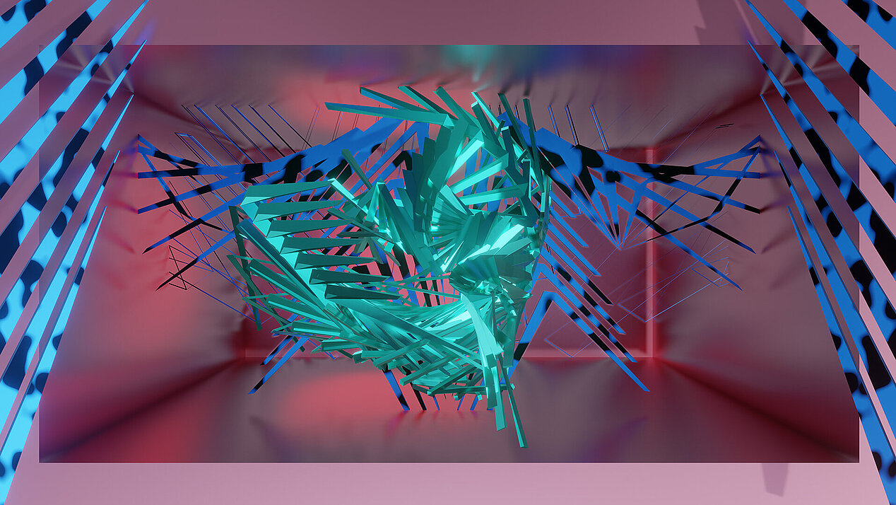 Screenshot of a digital artwork, in the picture a pink sqaure space is depicted. In the middle it contains some kind of sculpture consisting of blue, long elements that are intertwined.