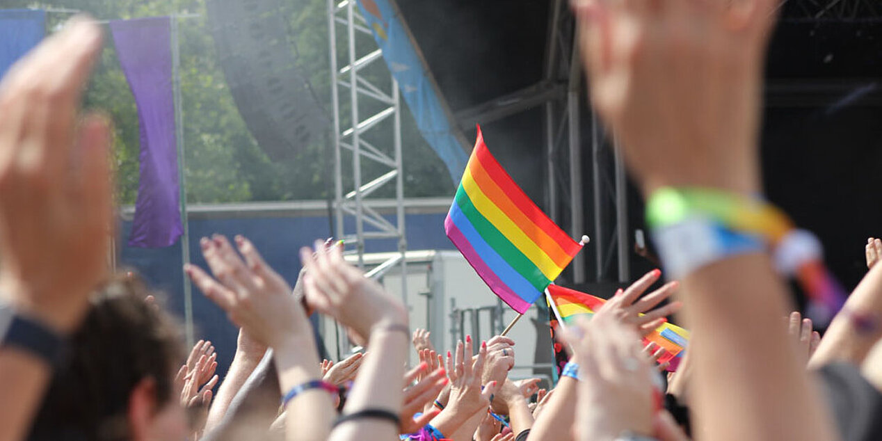LGBT flag is waved in a crowd at a Pride Festival