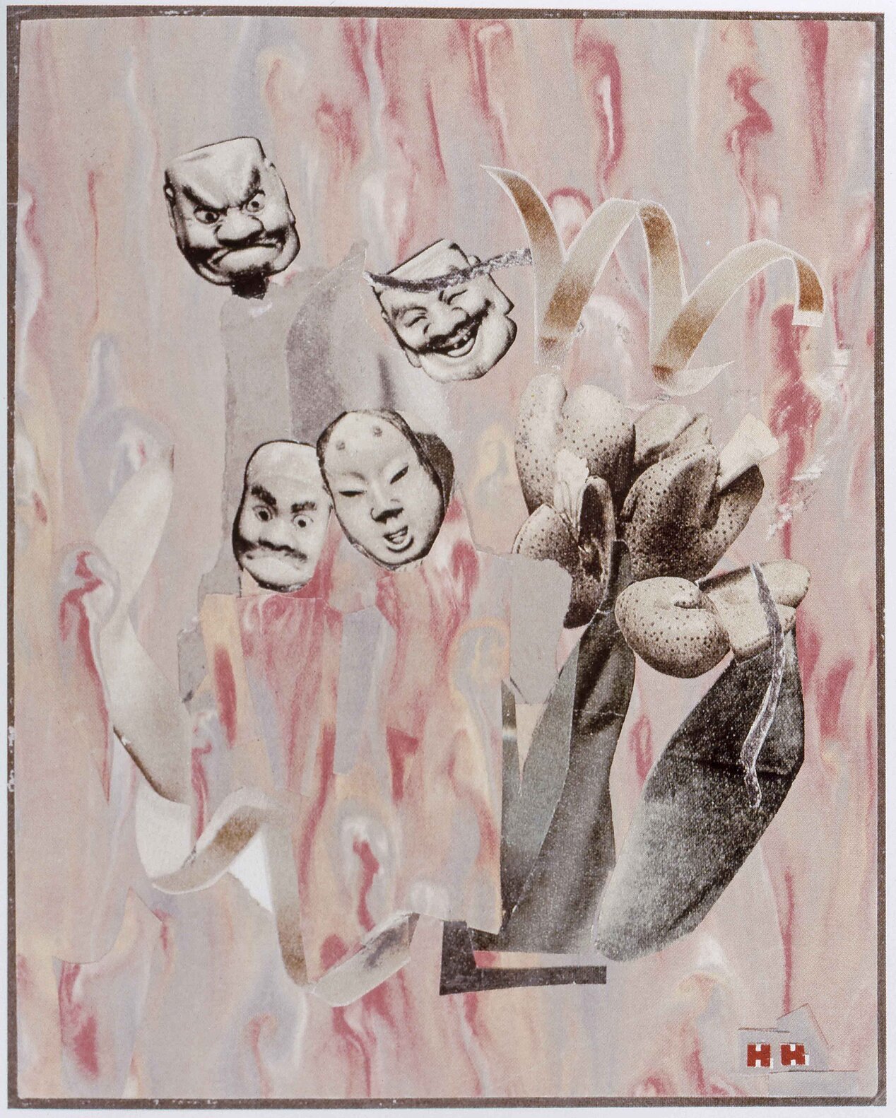 You can see a collage by Hannah Höch. The colors are beige-pink and you can see several masks and a flower.